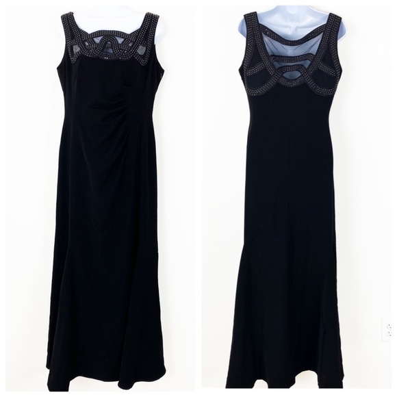 TAHARI ASL Black Full Length Gown Mesh Embellished Neckline Ruching Size 10 - Picture 1 of 6